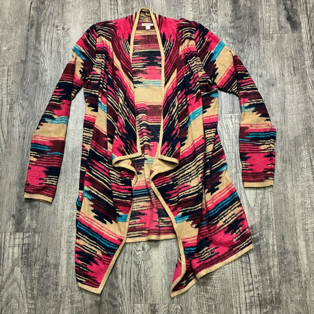 Lucky Brand Open-Front Aztec Cardigan Sweater - Pink, Turquoise, Tan, Black